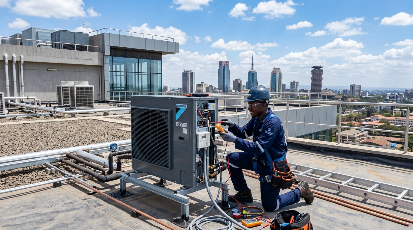 HVAC technician servicing air conditioning unit on commercial rooftop in Nairobi Kenya